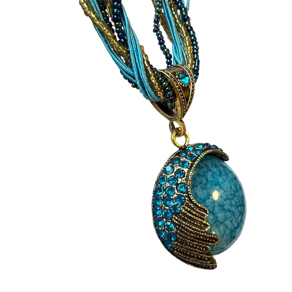 Bohemian Blue & Gold Resin Pendant Necklace with Rhinestone accents - Picture 3 of 4